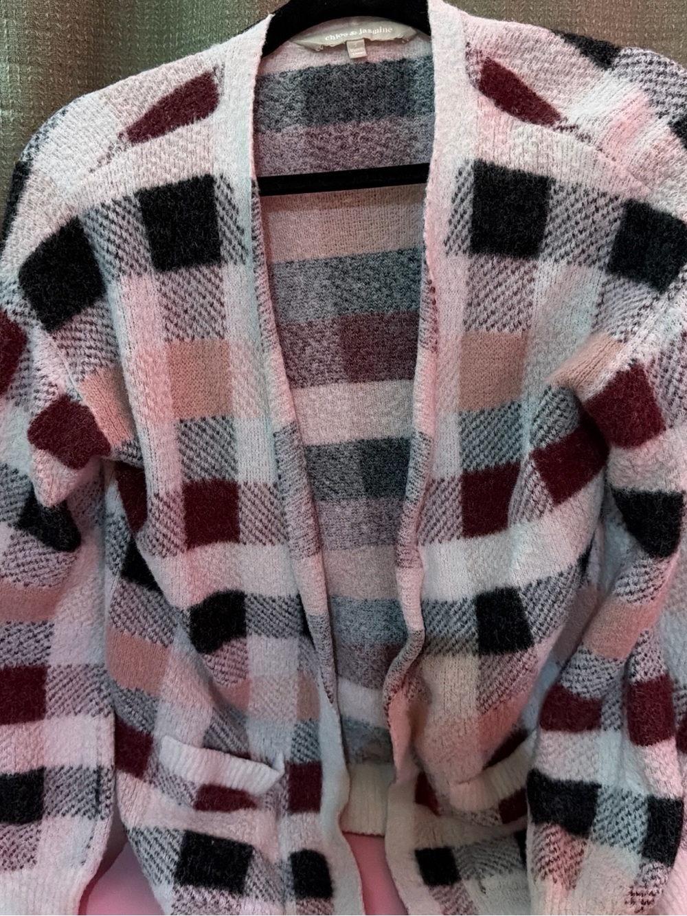Plaid Open-Front Cardigan Sweater - Pink, Burgundy & Gray